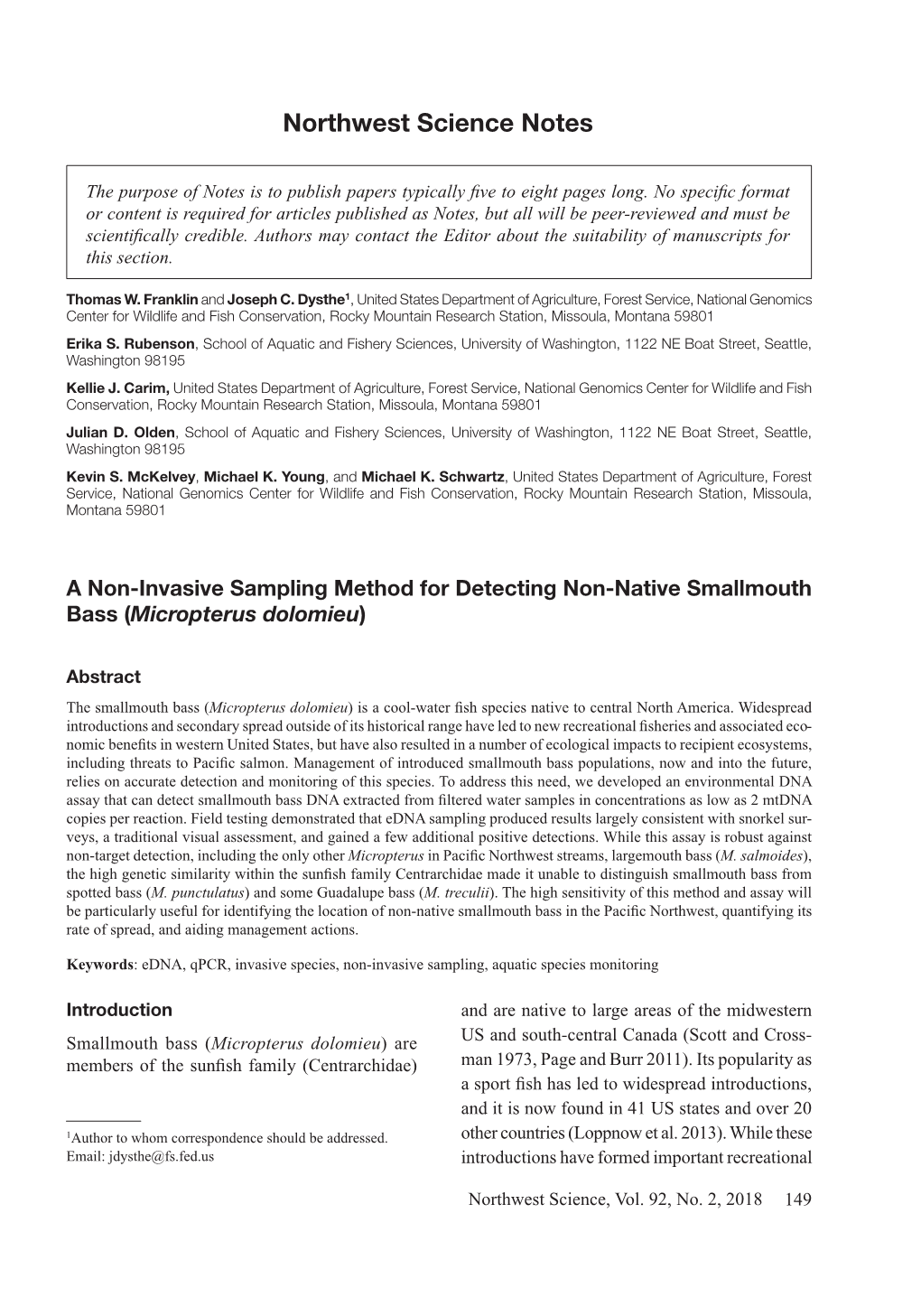 A Non-Invasive Sampling Method for Detecting Non-Native Smallmouth Bass (Micropterus Dolomieu)