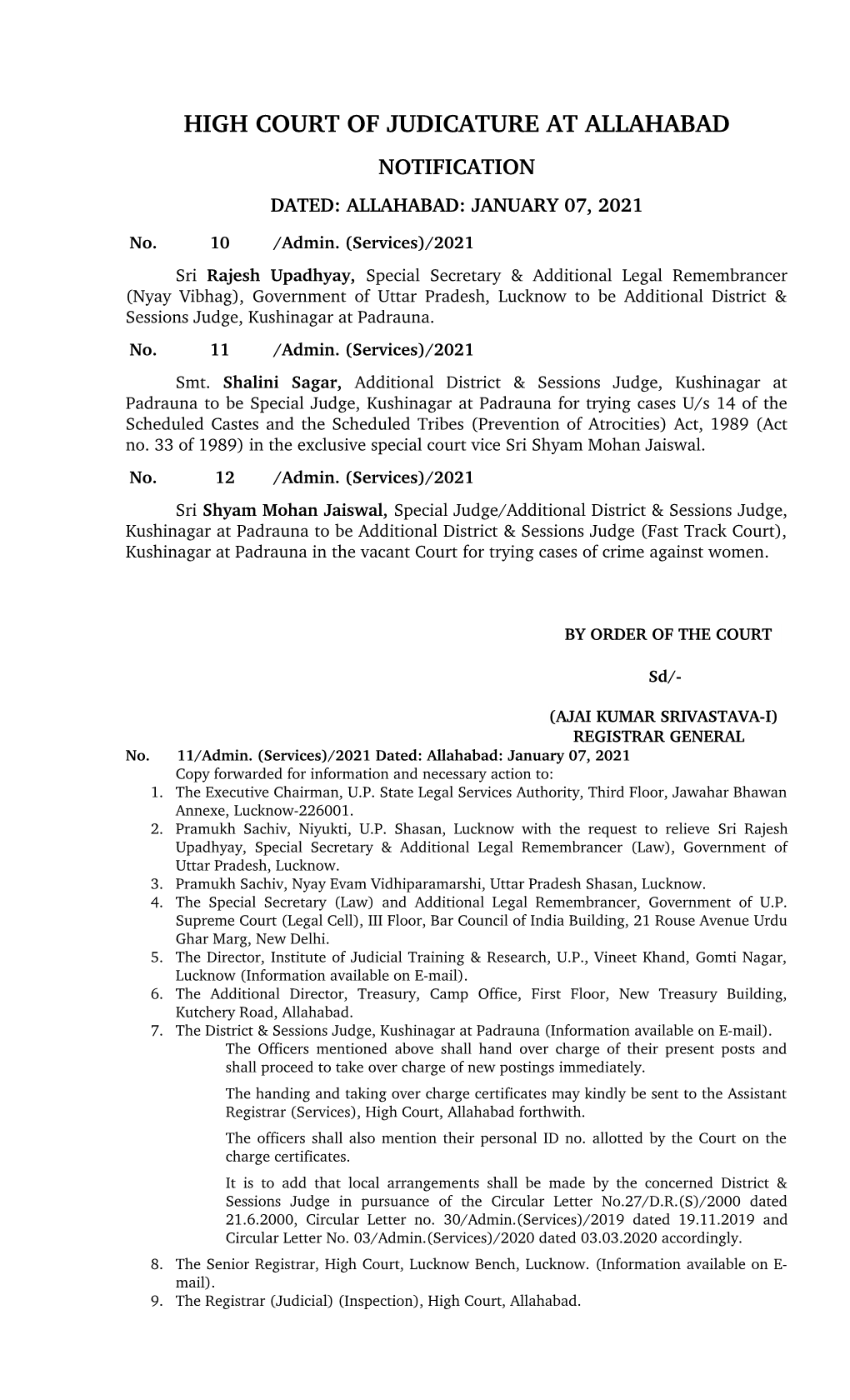 High Court of Judicature at Allahabad Notification Dated: Allahabad: January 07, 2021