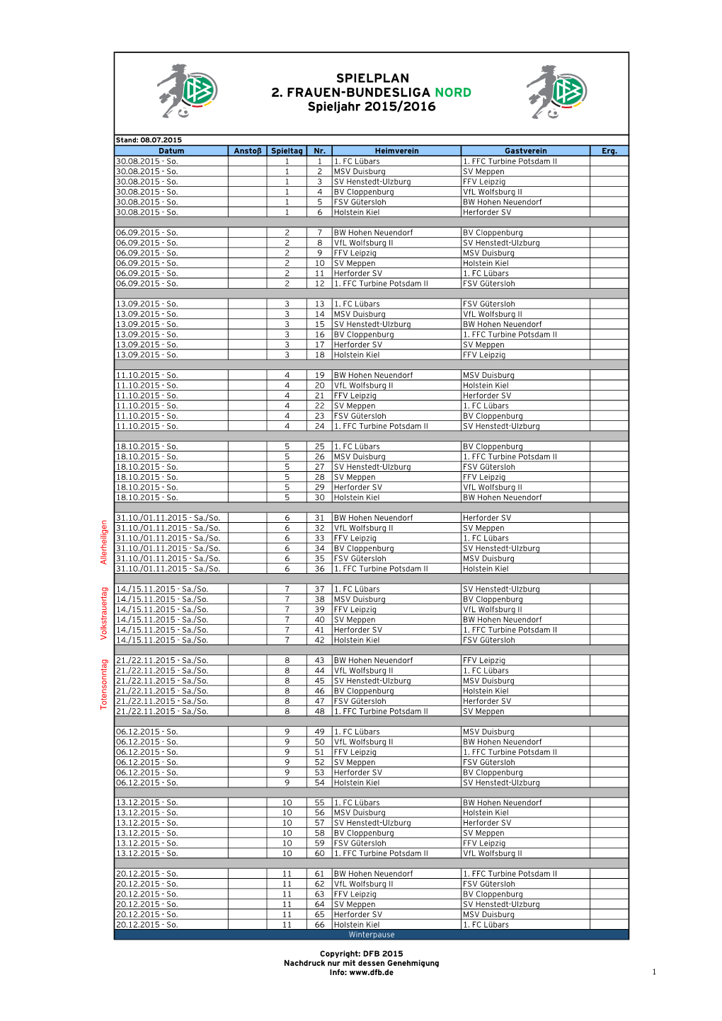 Vorläufiger Spielplan 2. FBL Nord 2015-2016