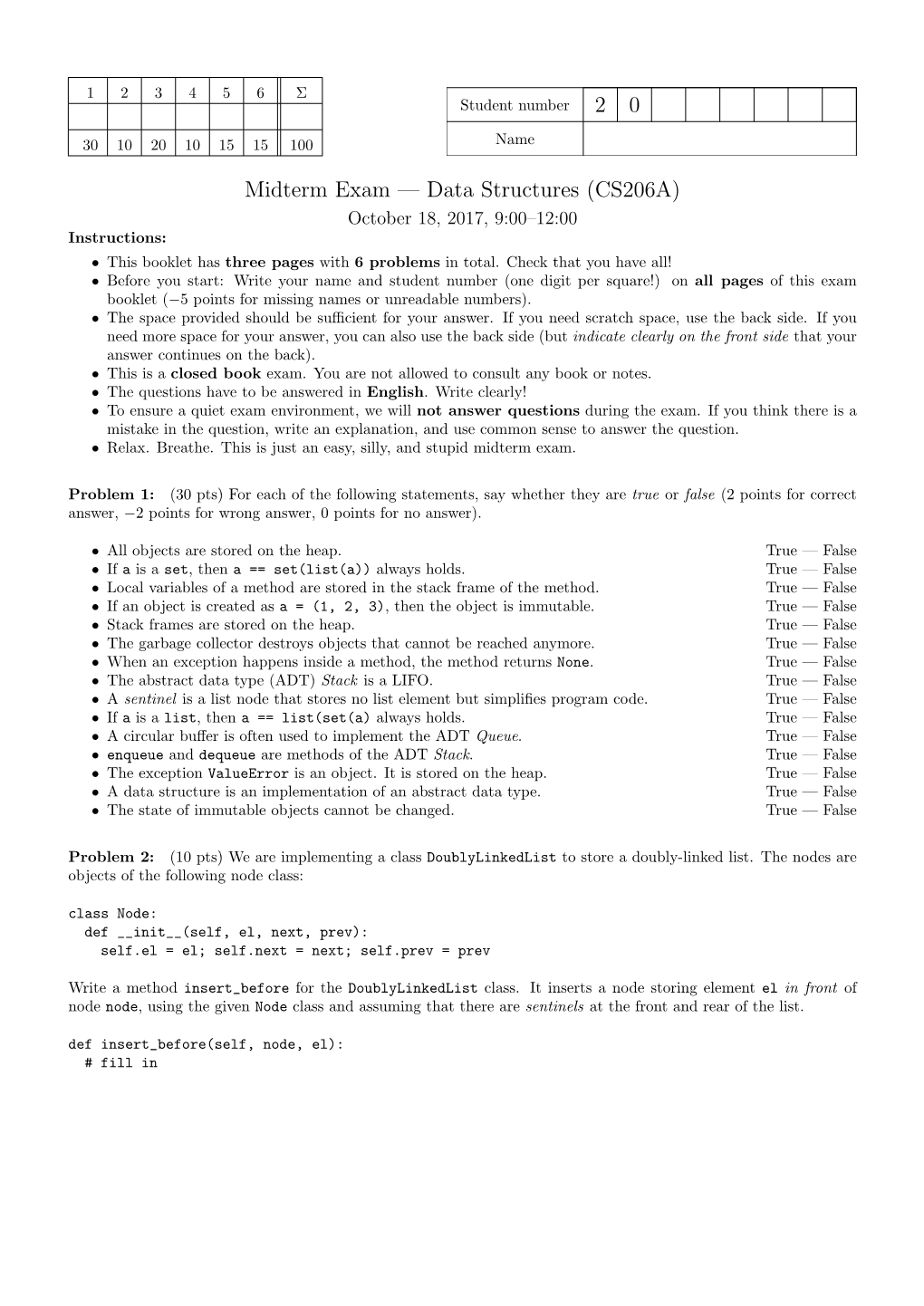 2 0 Midterm Exam — Data Structures (CS206A)