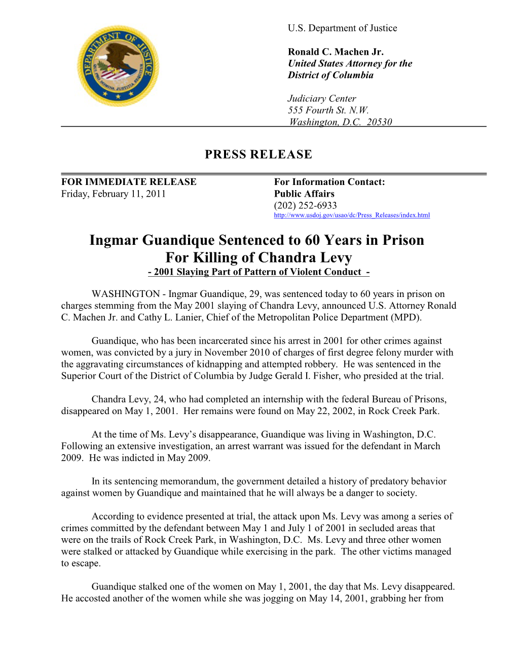 Ingmar Guandique Sentenced to 60 Years in Prison for Killing of Chandra Levy - 2001 Slaying Part of Pattern of Violent Conduct