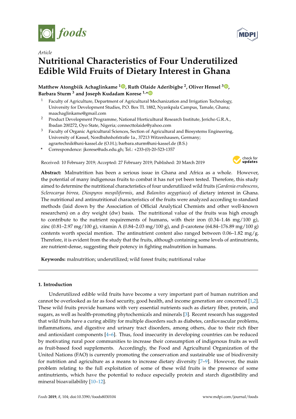 Nutritional Characteristics of Four Underutilized Edible Wild Fruits of Dietary Interest in Ghana