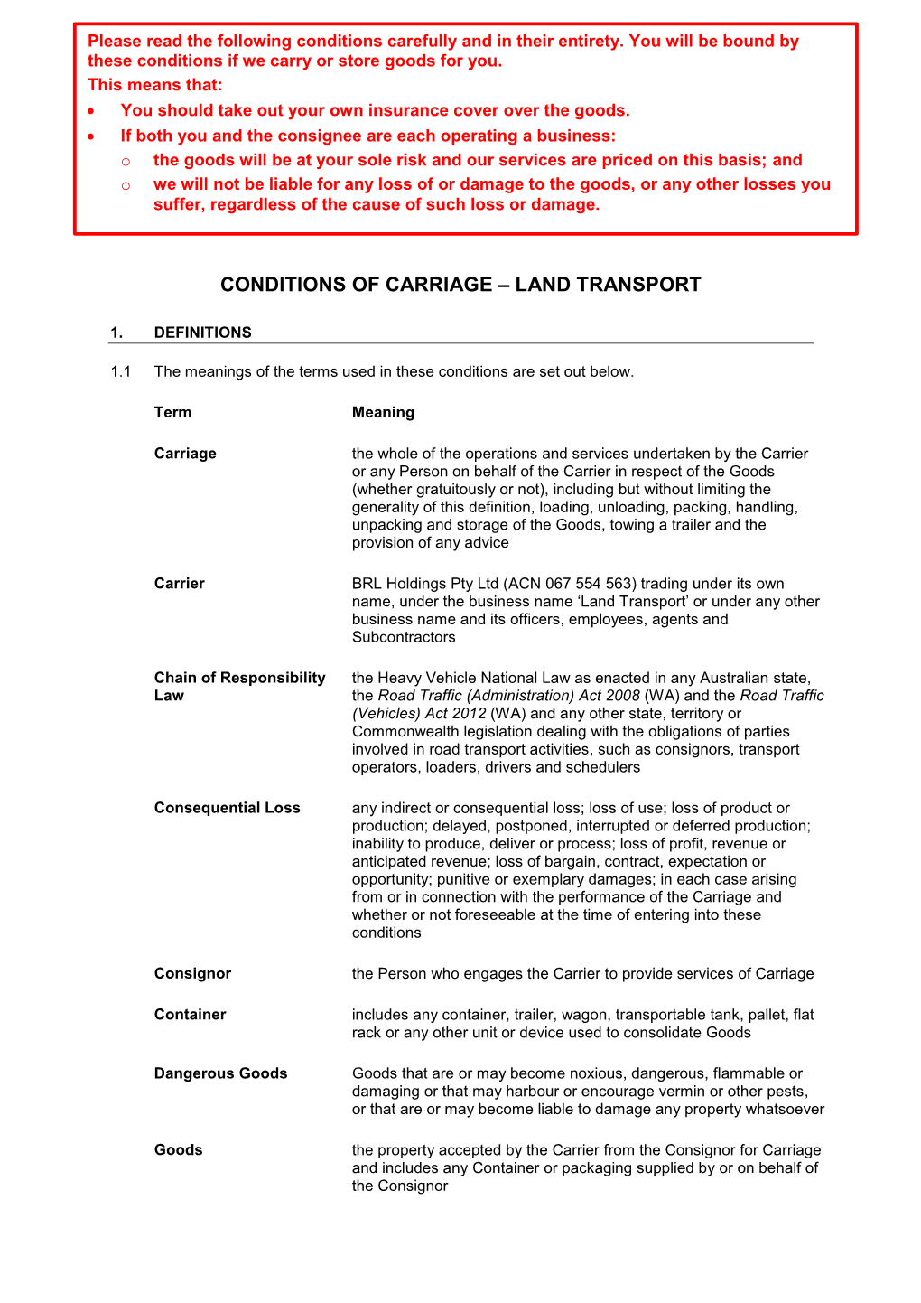 Conditions of Carriage – Land Transport