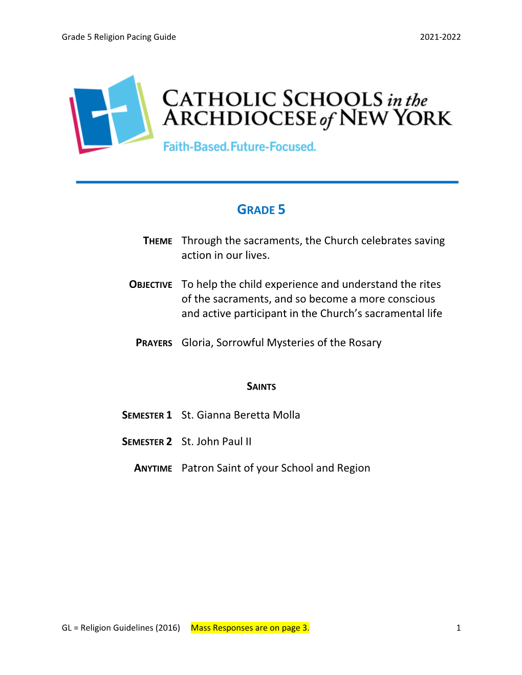 Grade 5 Religion Pacing Guide 2021-2022