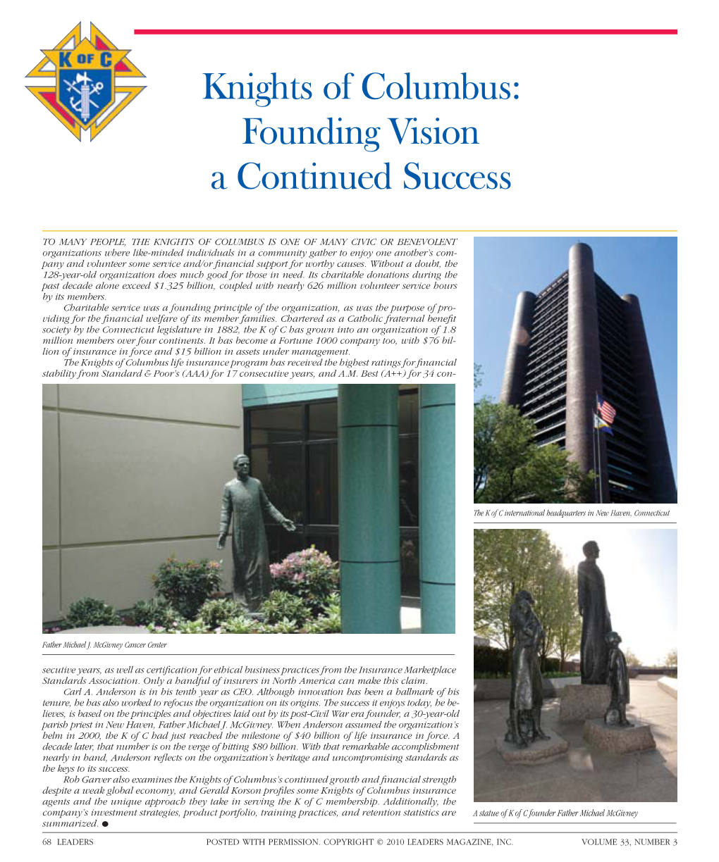 Knights of Columbus: Founding Vision a Continued Success