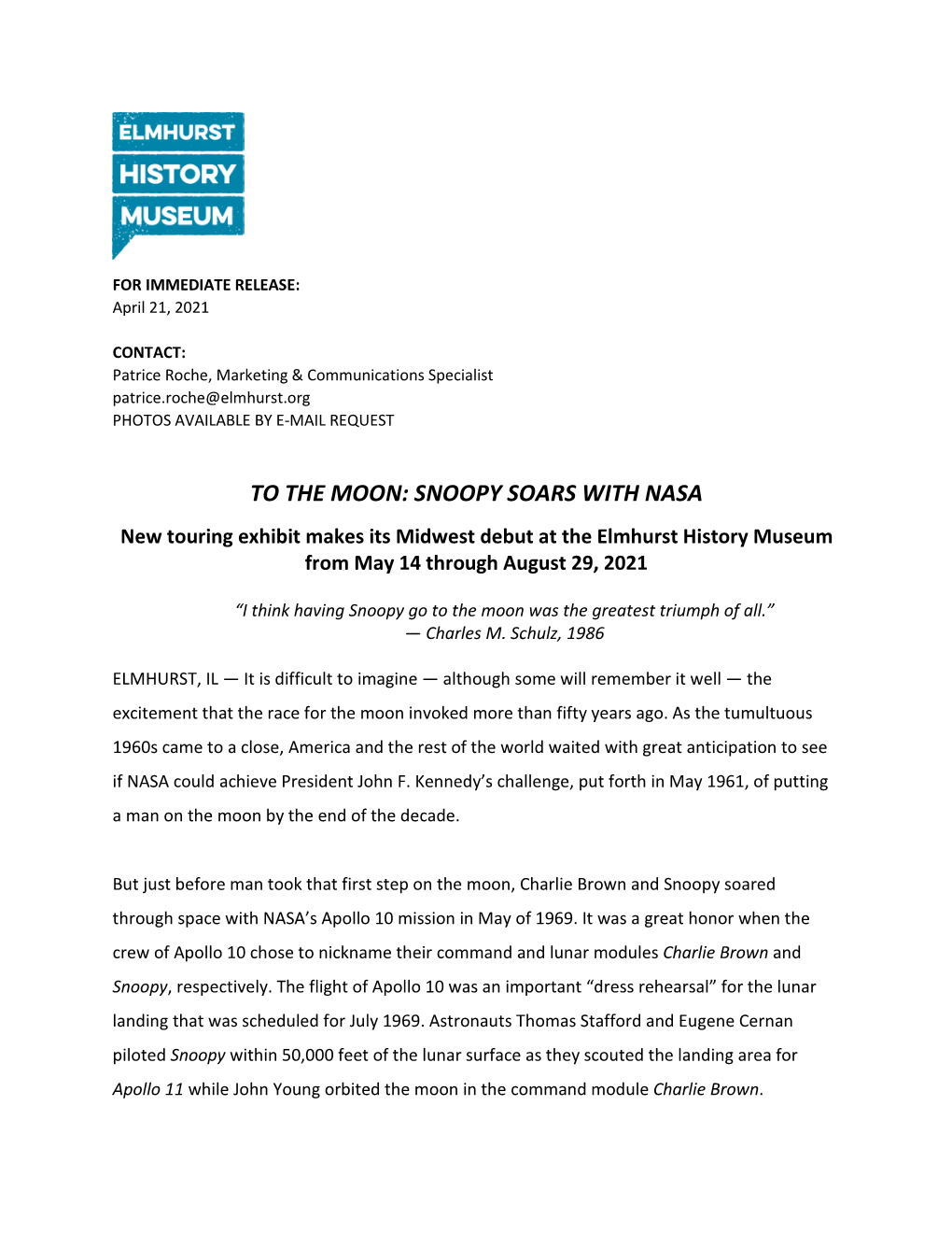 SNOOPY SOARS with NASA New Touring Exhibit Makes Its Midwest Debut at the Elmhurst History Museum from May 14 Through August 29, 2021