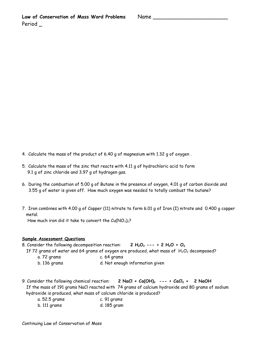 Law of Conservation of Mass Word Problems Name ______ Period