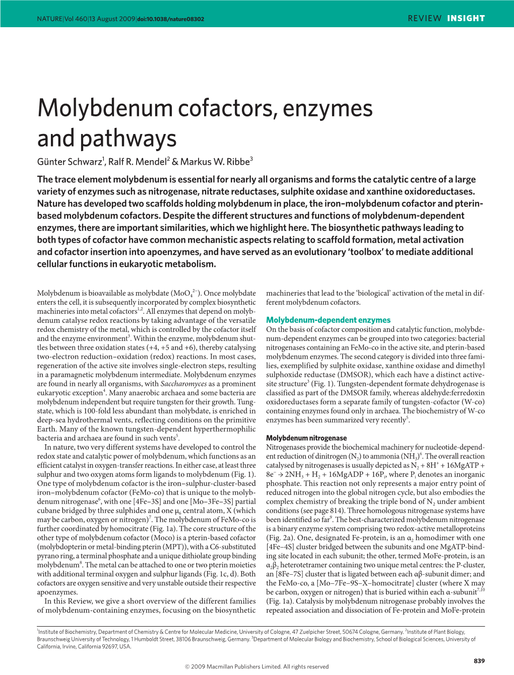 Molybdenum Cofactors, Enzymes and Pathways Günter Schwarz1, Ralf R