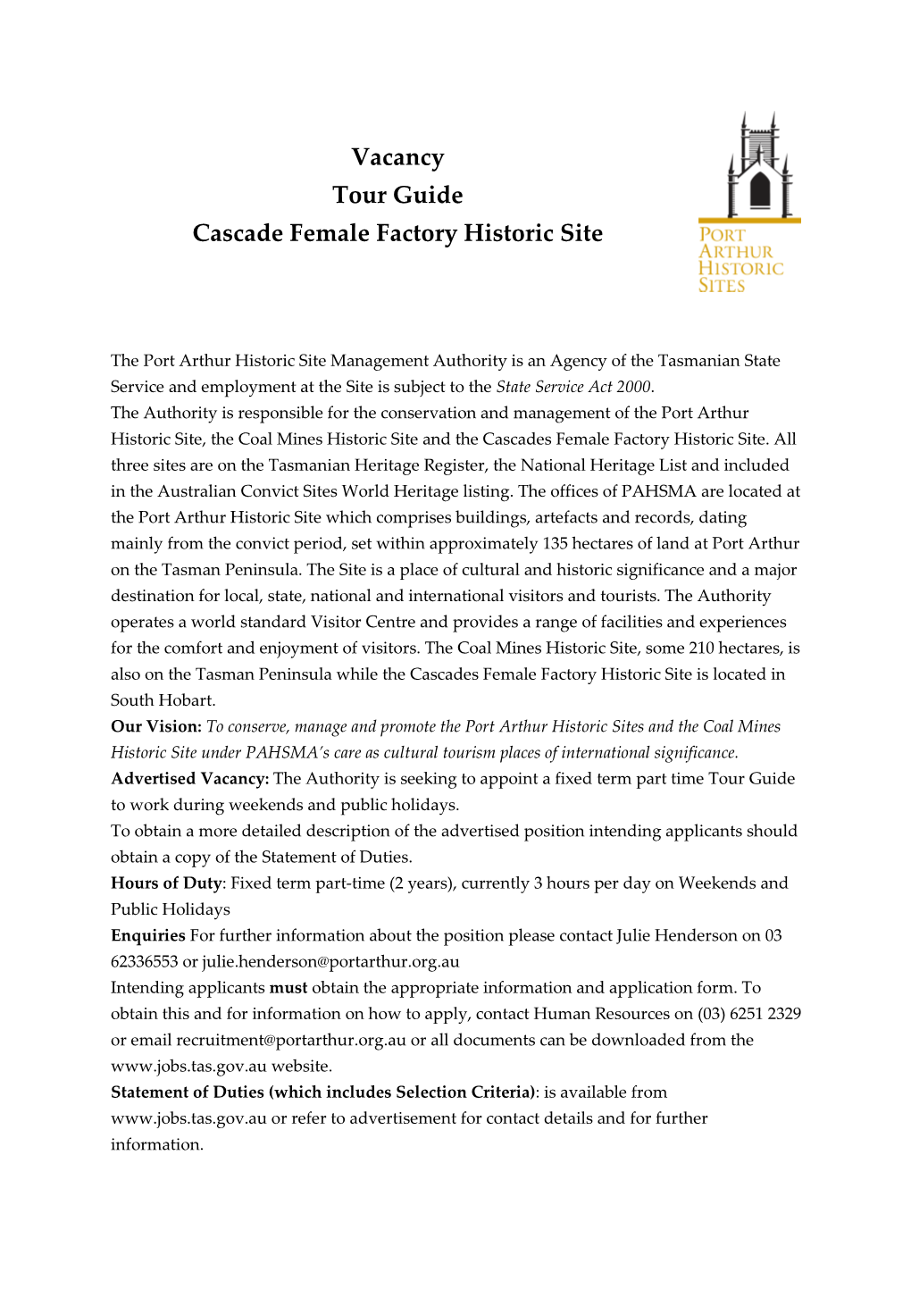 Vacancy Tour Guide Cascade Female Factory Historic Site