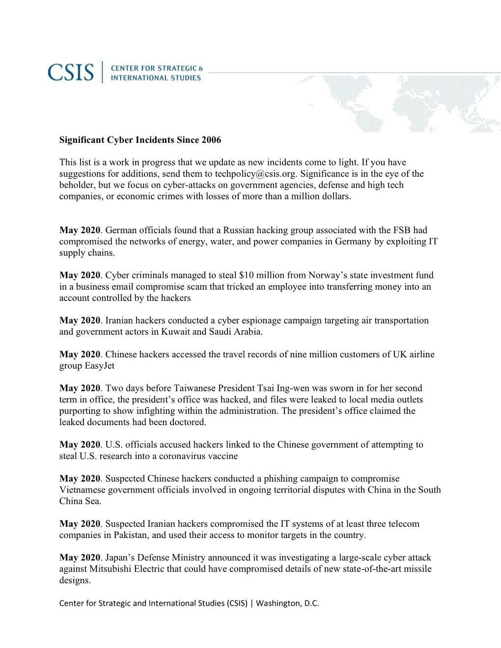 Significant Cyber Incidents Since 2006