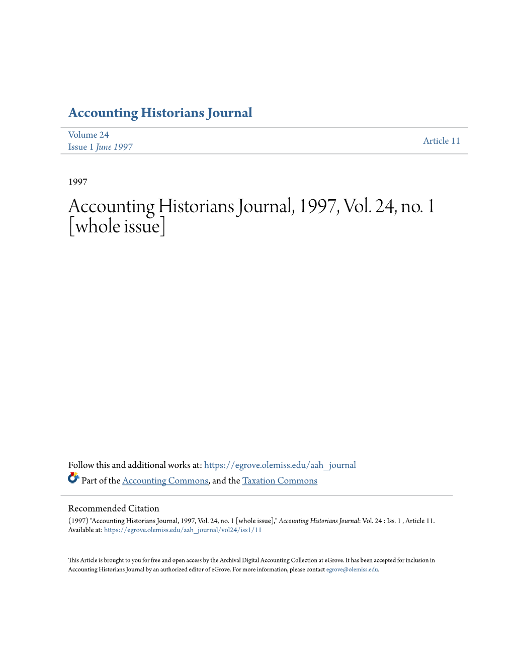 Accounting Historians Journal, 1997, Vol. 24, No. 1 [Whole Issue]