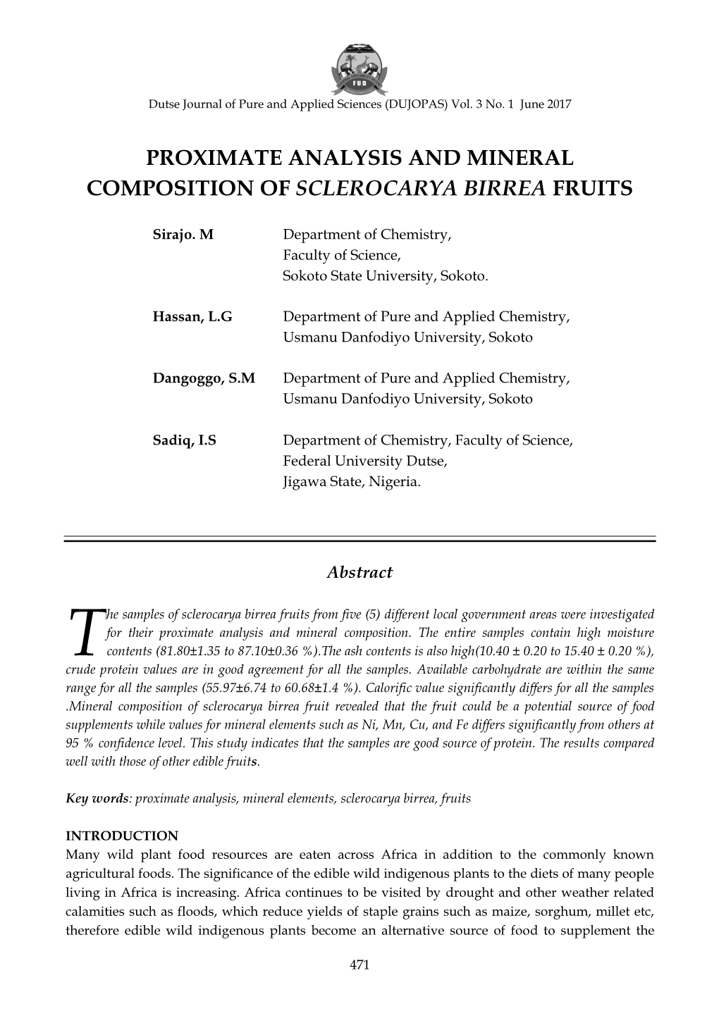 Proximate Analysis and Mineral Composition of Sclerocarya Birrea Fruits