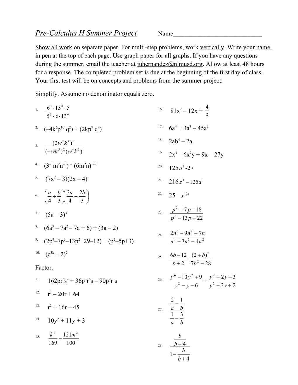 Pre-Calculus H Summer Project Name______