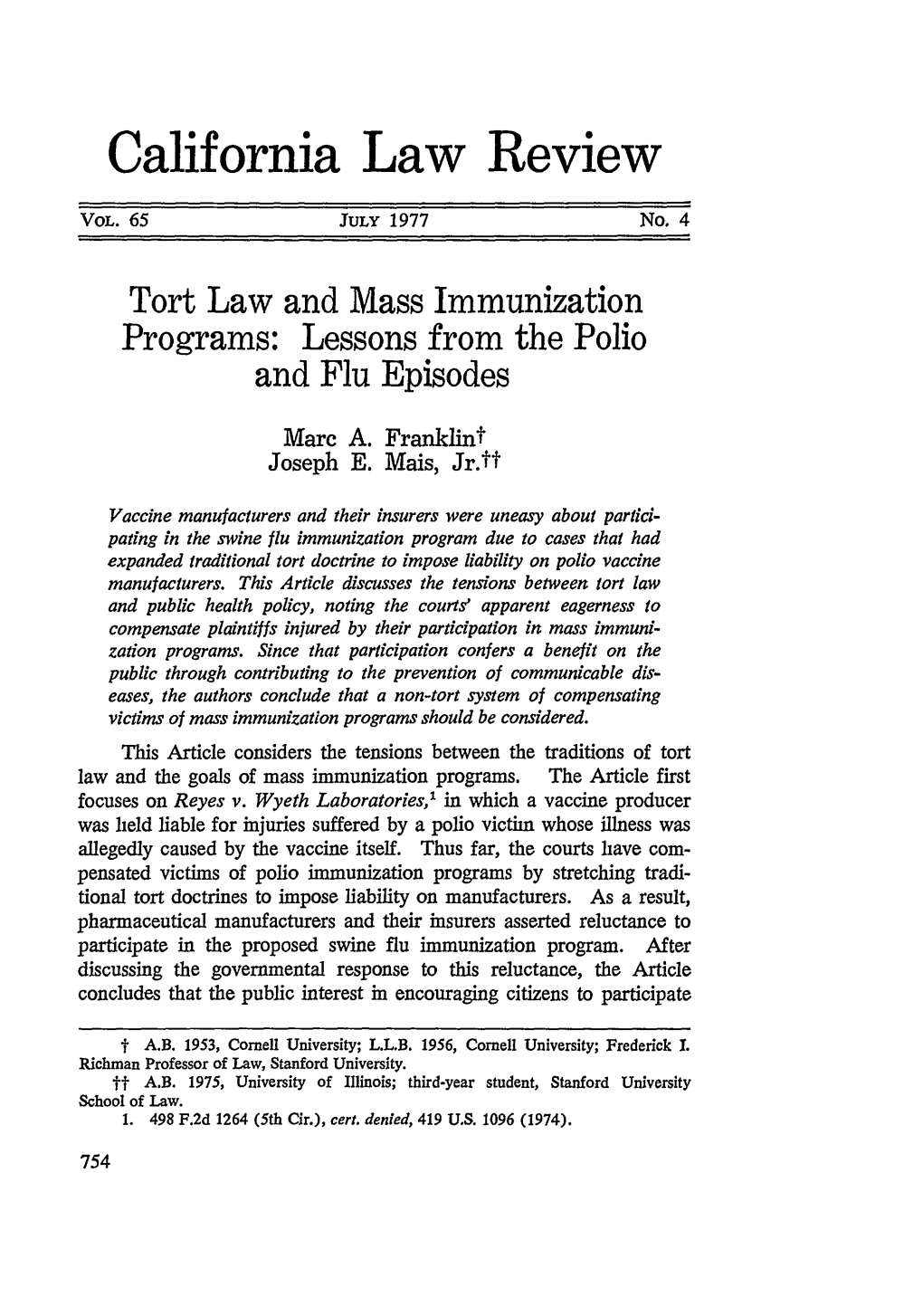 Tort Law and Mass Immunization Programs: Lessons from the Polio and Flu Episodes