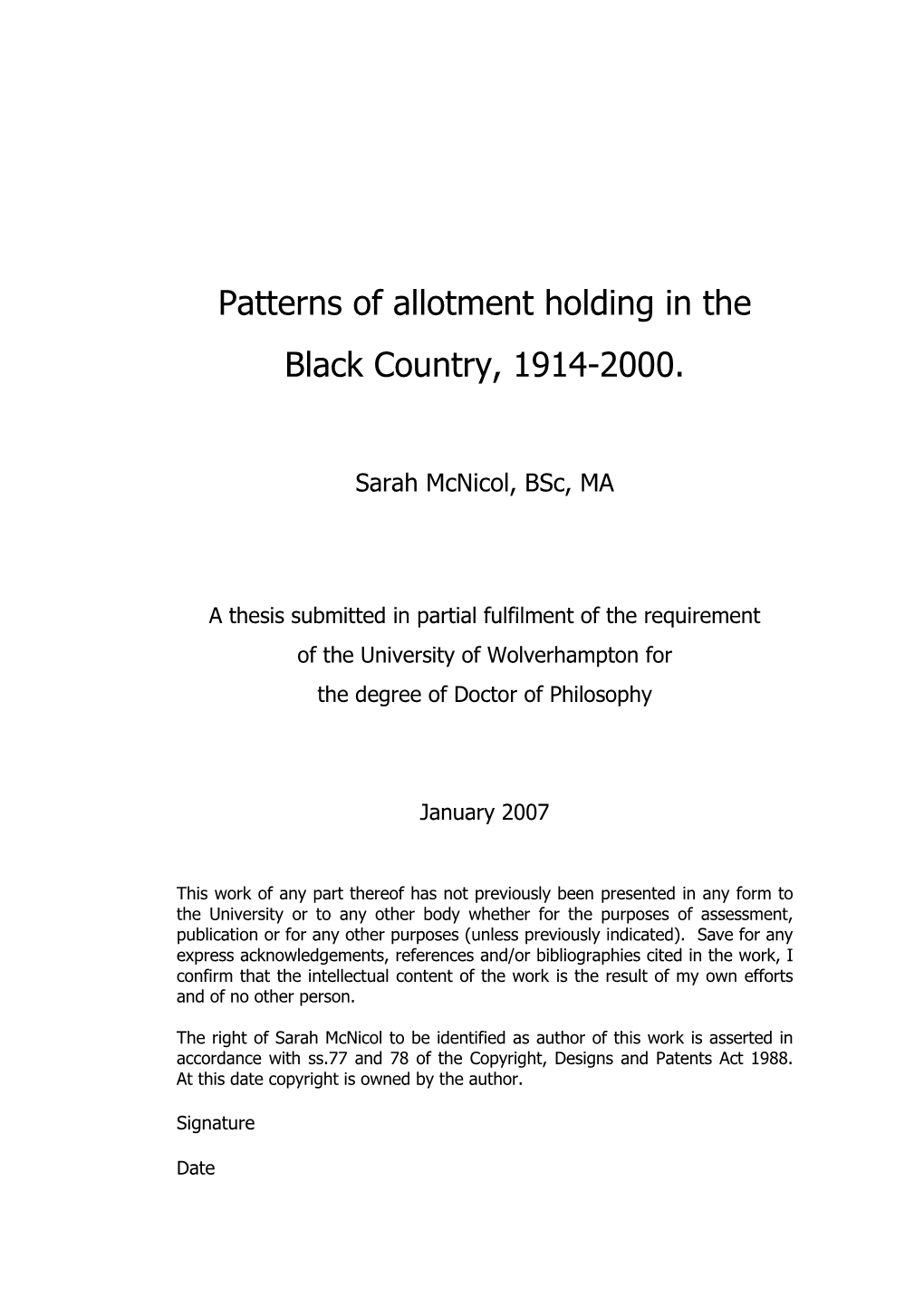 Patterns of Allotment Holding in the Black Country, 1914-2000