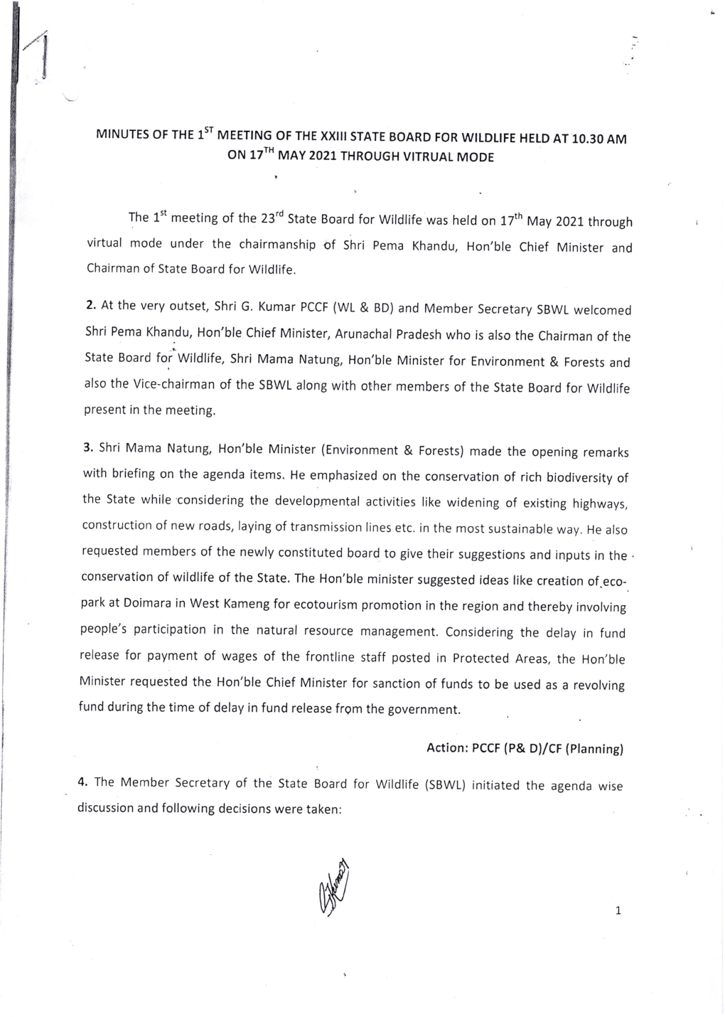 Virtual Mode Under the Chairmanship of Shri Pema Khandu, Hon'ble Chief Minister and Chairman of State Board for Wildlife