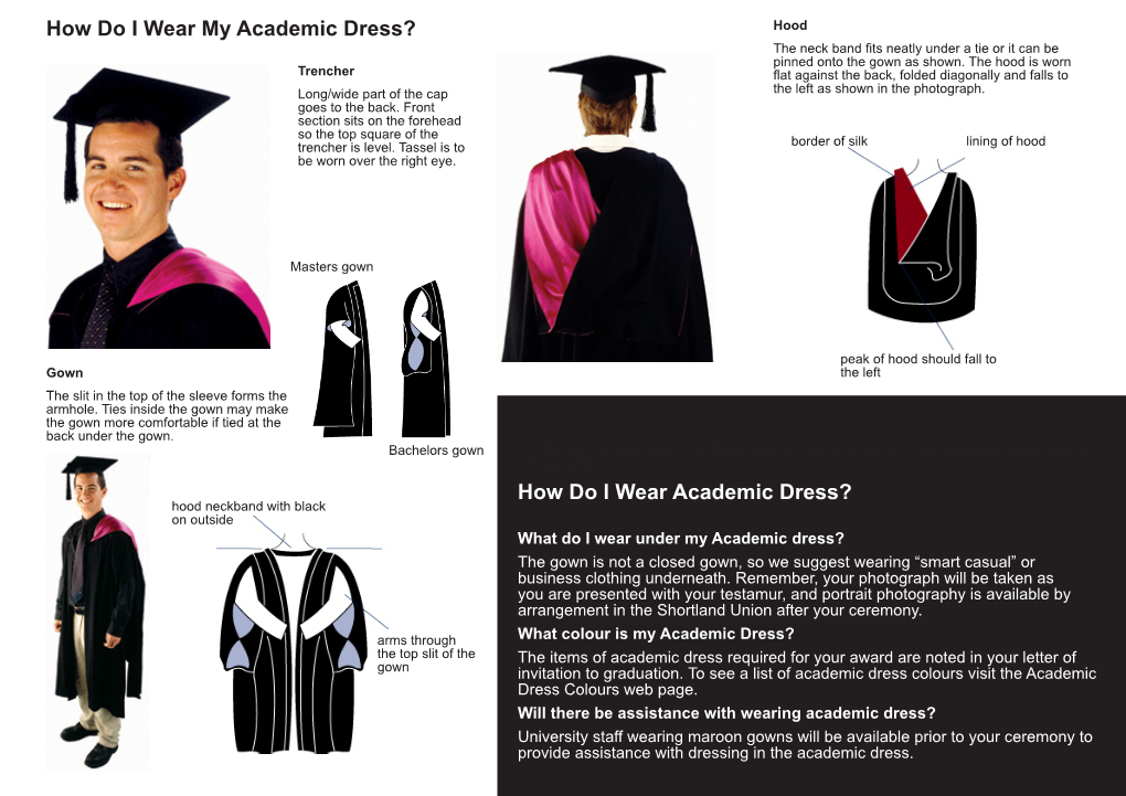 How Do I Wear My Academic Dress? Hood the Neck Band Fits Neatly Under a Tie Or It Can Be Pinned Onto the Gown As Shown