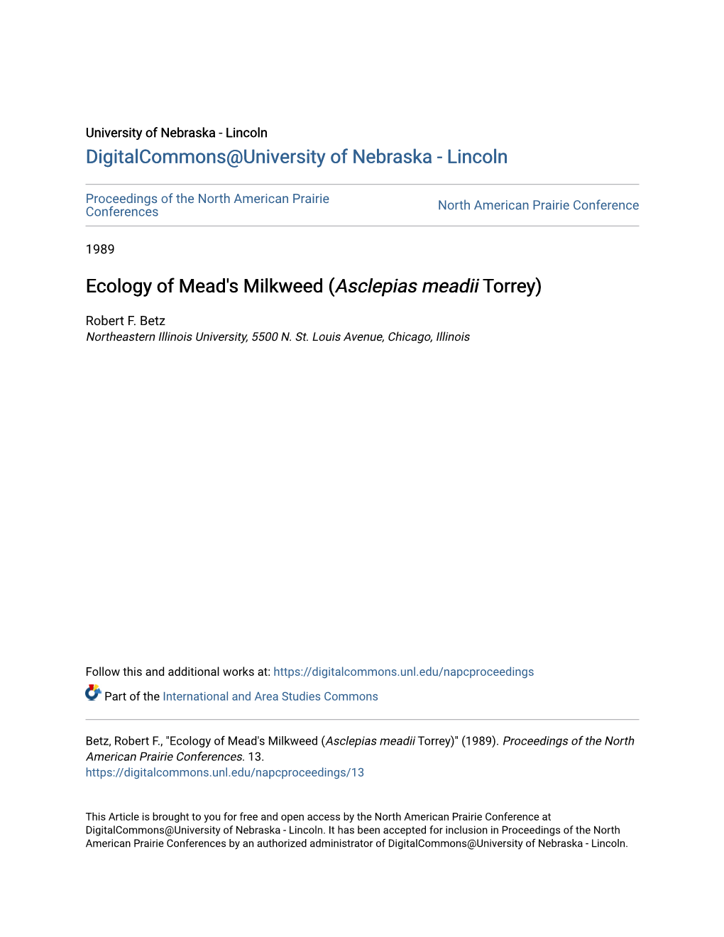 Ecology of Mead's Milkweed (Asclepias Meadii Torrey)