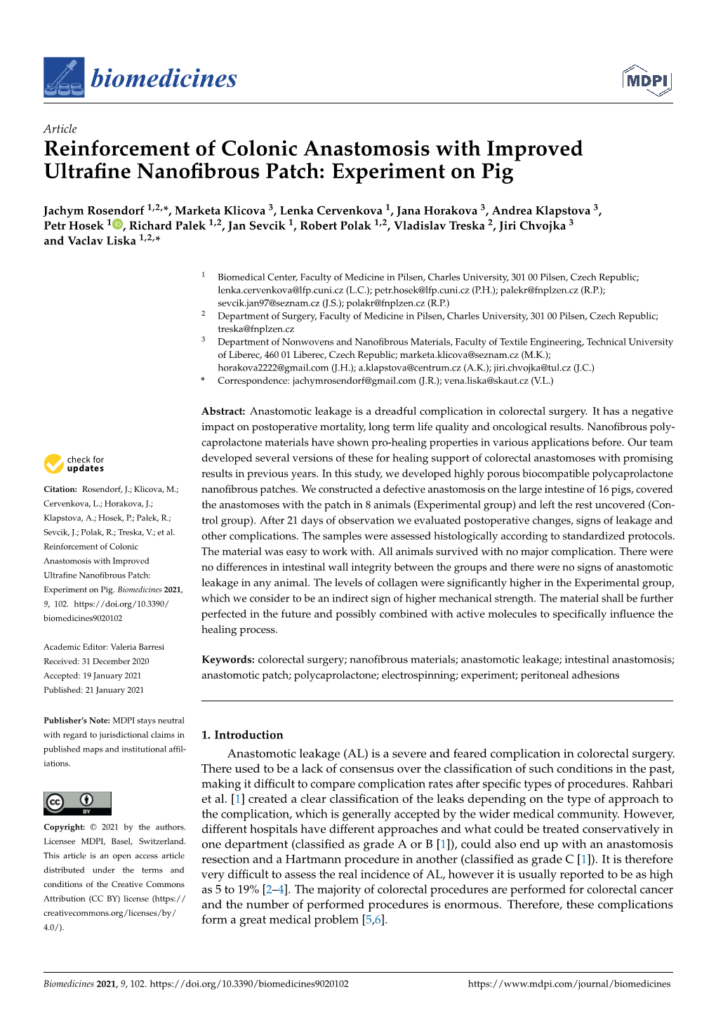 Reinforcement of Colonic Anastomosis with Improved Ultraﬁne Nanoﬁbrous Patch: Experiment on Pig