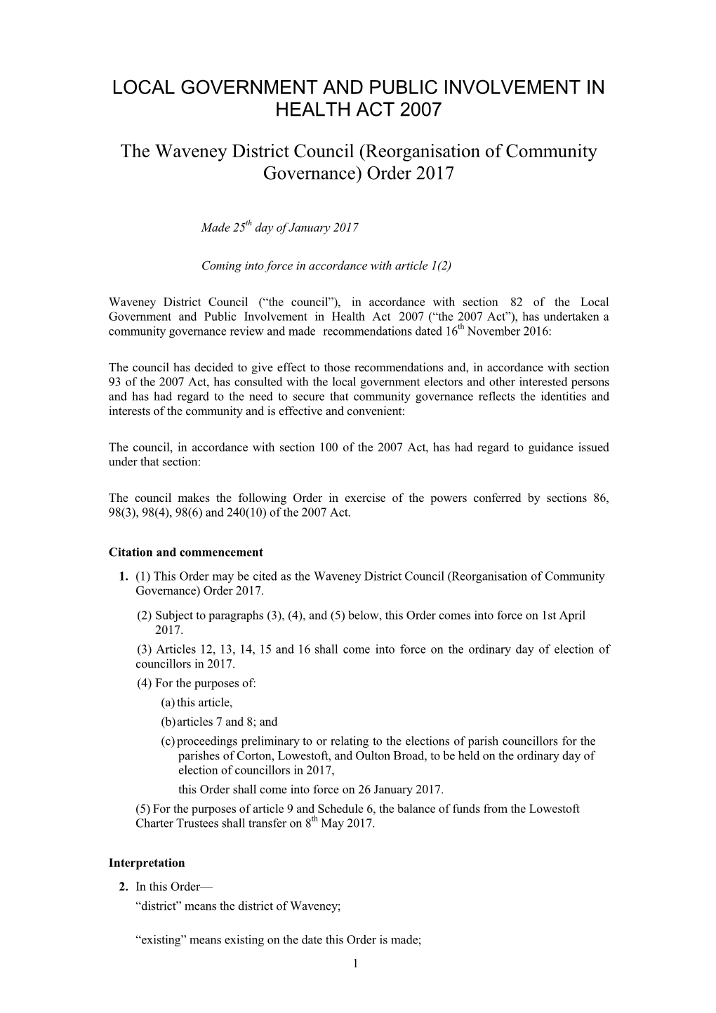 Reorganisation of Community Governance) Order 2017
