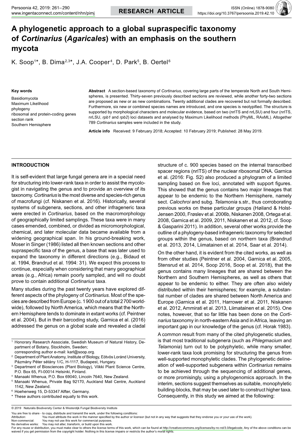 A Phylogenetic Approach to a Global Supraspecific Taxonomy of Cortinarius (Agaricales) with an Emphasis on the Southern Mycota