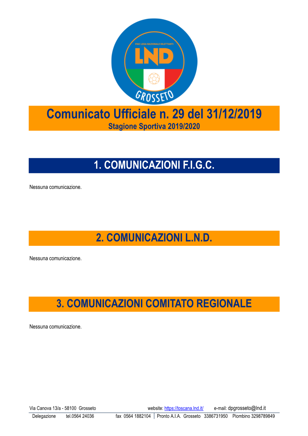 Comunicato Ufficiale N. 29 Del 31/12/2019 Stagione Sportiva 2019/2020