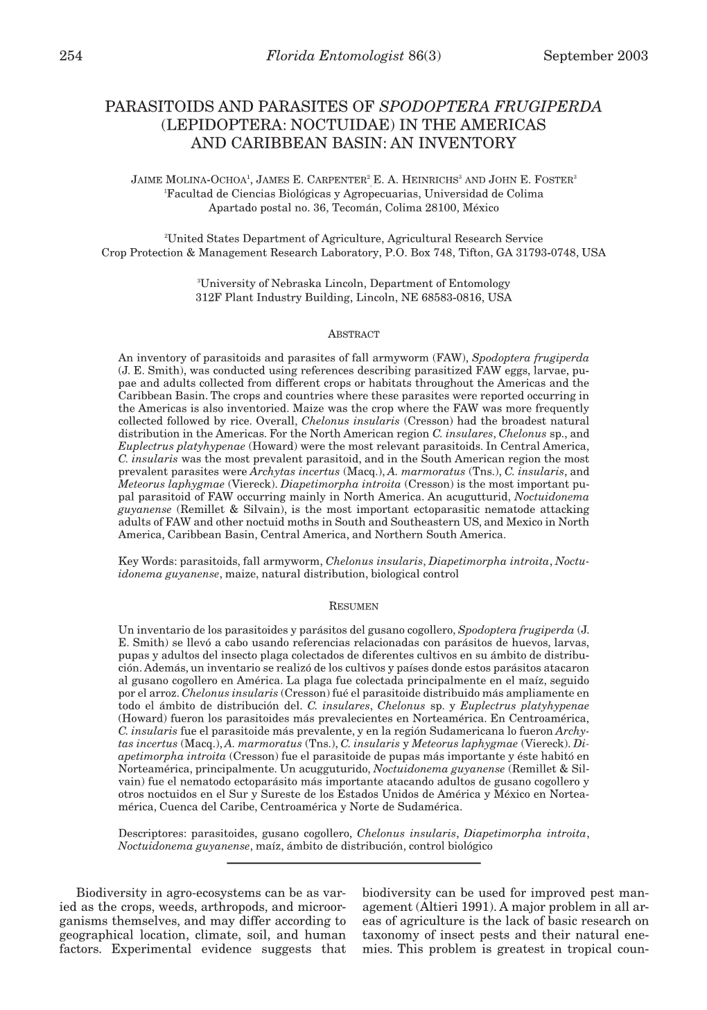 Parasitoids and Parasites of Spodoptera Frugiperda (Lepidoptera: Noctuidae) in the Americas and Caribbean Basin: an Inventory