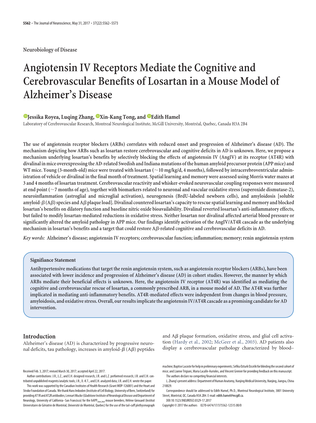 Angiotensin IV Receptors Mediate the Cognitive and Cerebrovascular Benefits of Losartan in a Mouse Model of Alzheimer’S Disease