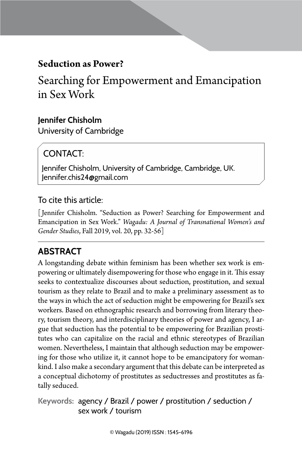 Searching for Empowerment and Emancipation in Sex Work