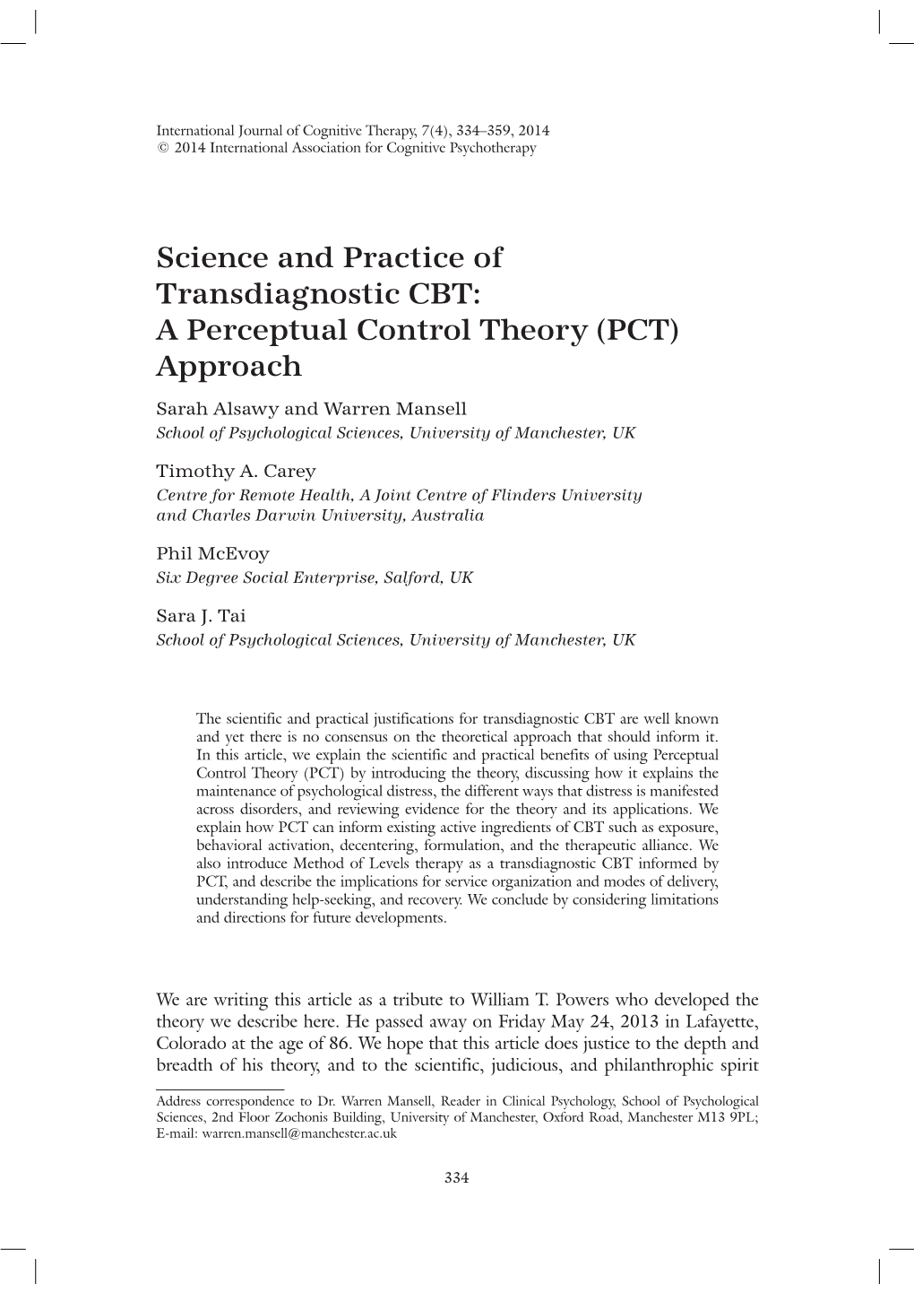 Science and Practice of Transdiagnostic CBT: a Perceptual Control Theory (PCT) Approach