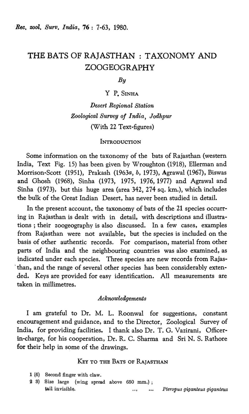 THE BATS of RAJASTHAN : TAXONOMY and ZOOGEOGRAPHY By