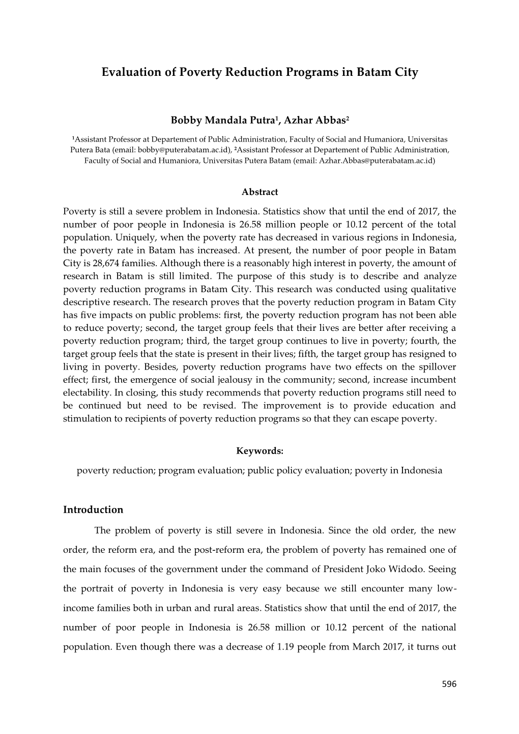 Evaluation of Poverty Reduction Programs in Batam City