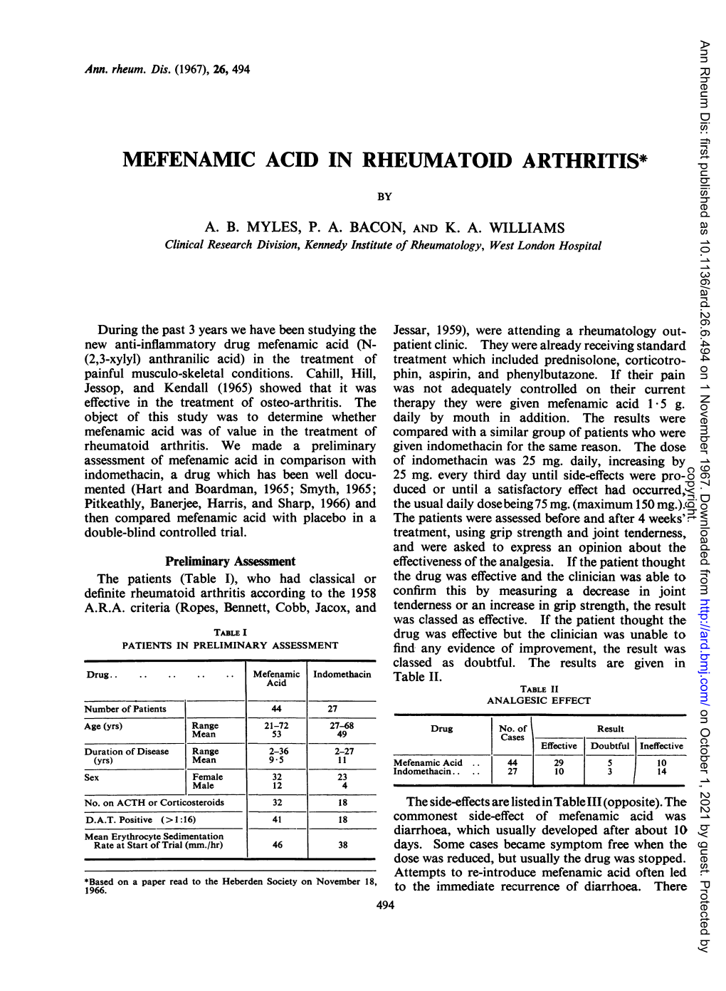 Mefenamic Acid in Rheumatoid Arthritis*