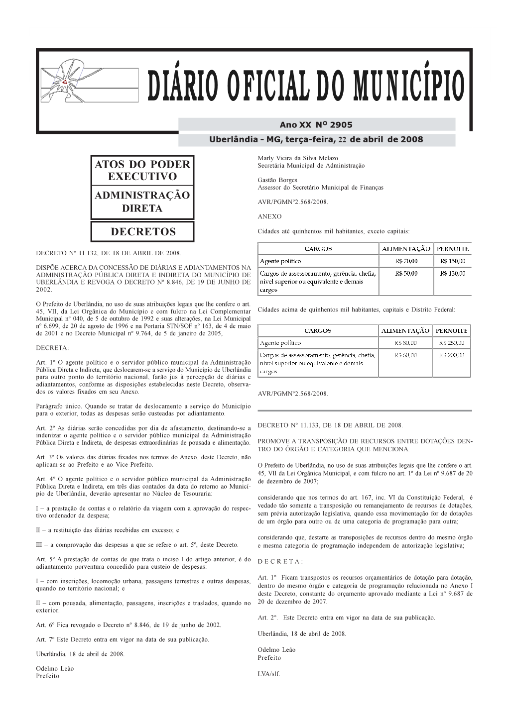 Diário Oficial Do Município Nº 2905, Terça-Feira, 22 De Abril De 2008 DIÁRIO OFICIAL DO MUNICÍPIO