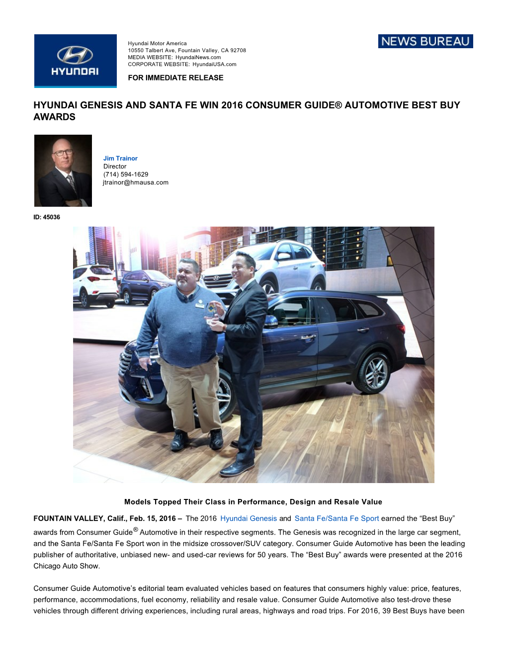 Hyundai Genesis and Santa Fe Win 2016 Consumer Guide® Automotive Best Buy Awards