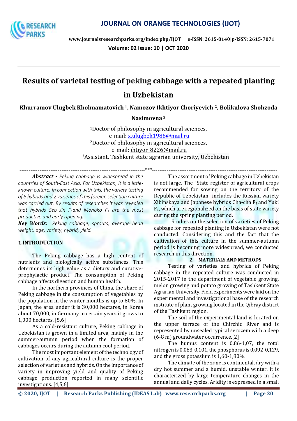 Results of Varietal Testing of Peking Cabbage with a Repeated Planting In