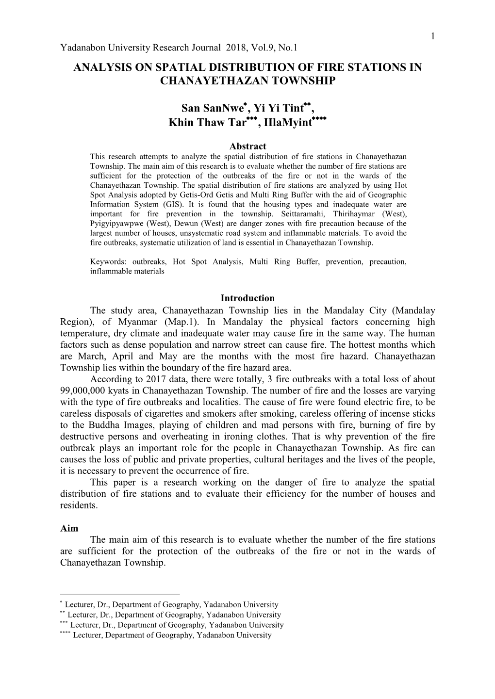 Analysis on Spatial Distribution of Fire Stations in Chanayethazan Township