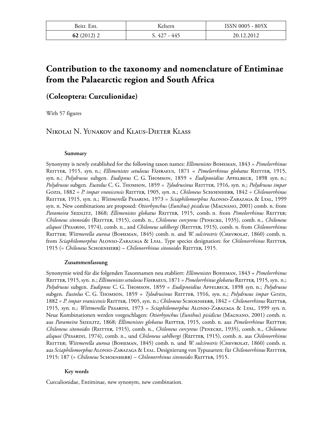 Contribution to the Taxonomy and Nomenclature of Entiminae from the Palaearctic Region and South Africa