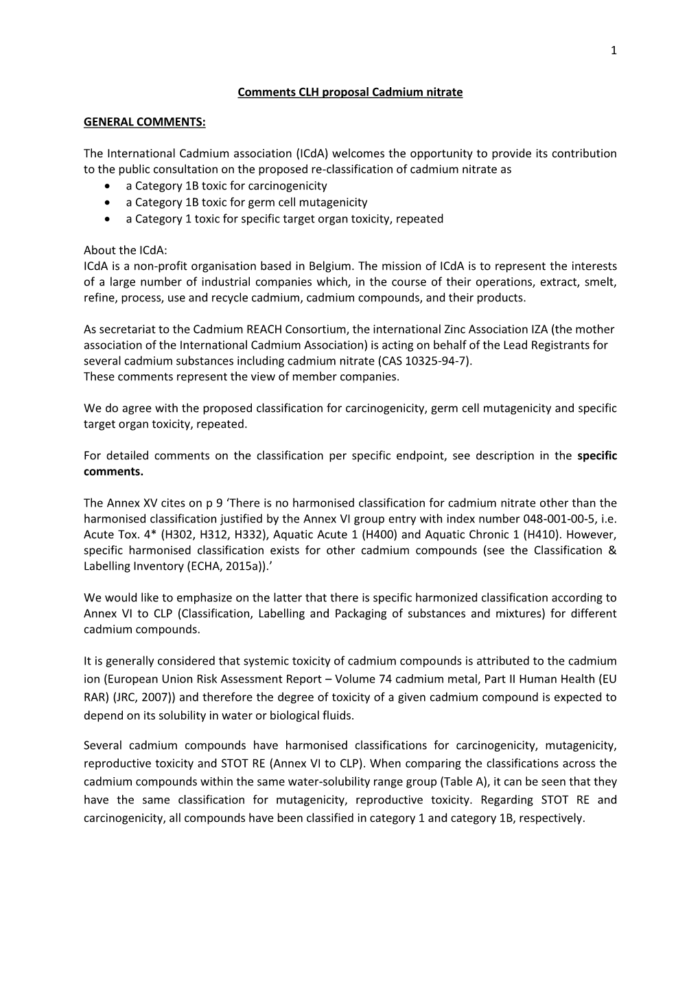 1 Comments CLH Proposal Cadmium Nitrate GENERAL