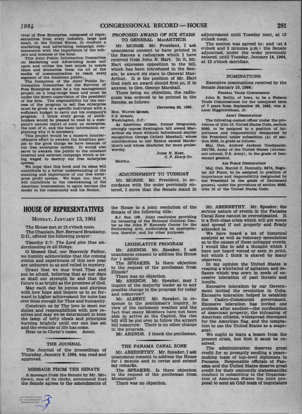 HOUSE of REPRESENTATIVES Senate of the Following Title: Serious Nature of Events in the Panama S.J