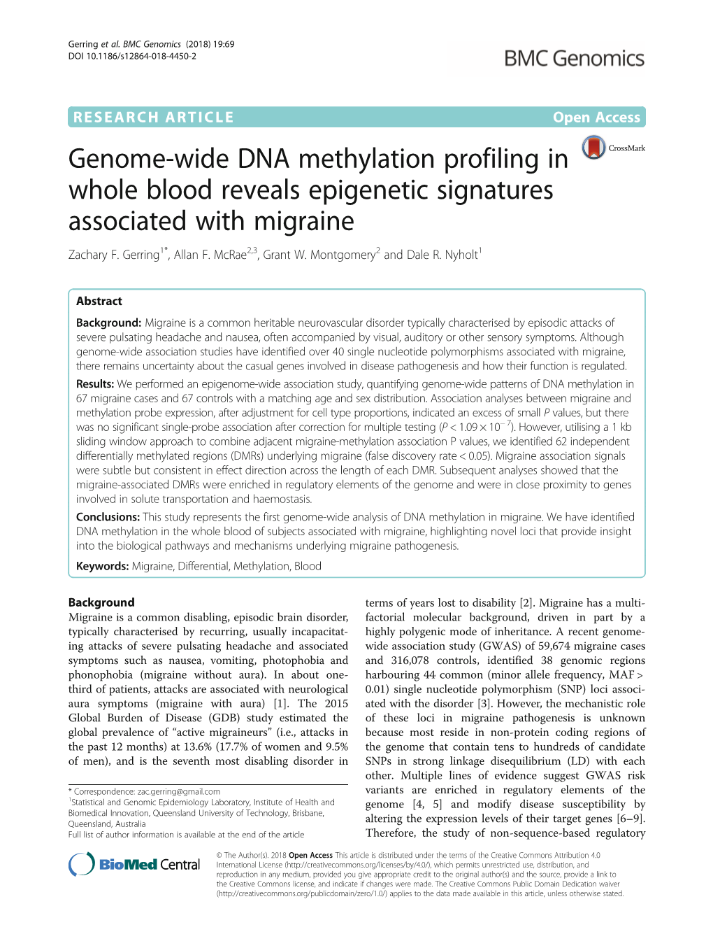 Genome-Wide DNA Methylation Profiling in Whole Blood Reveals Epigenetic Signatures Associated with Migraine Zachary F