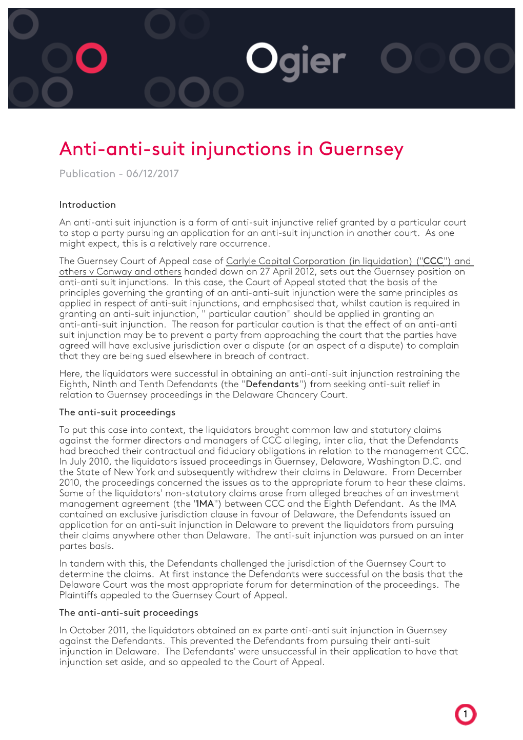 Anti-Anti-Suit Injunctions in Guernsey Publication - 06/12/2017