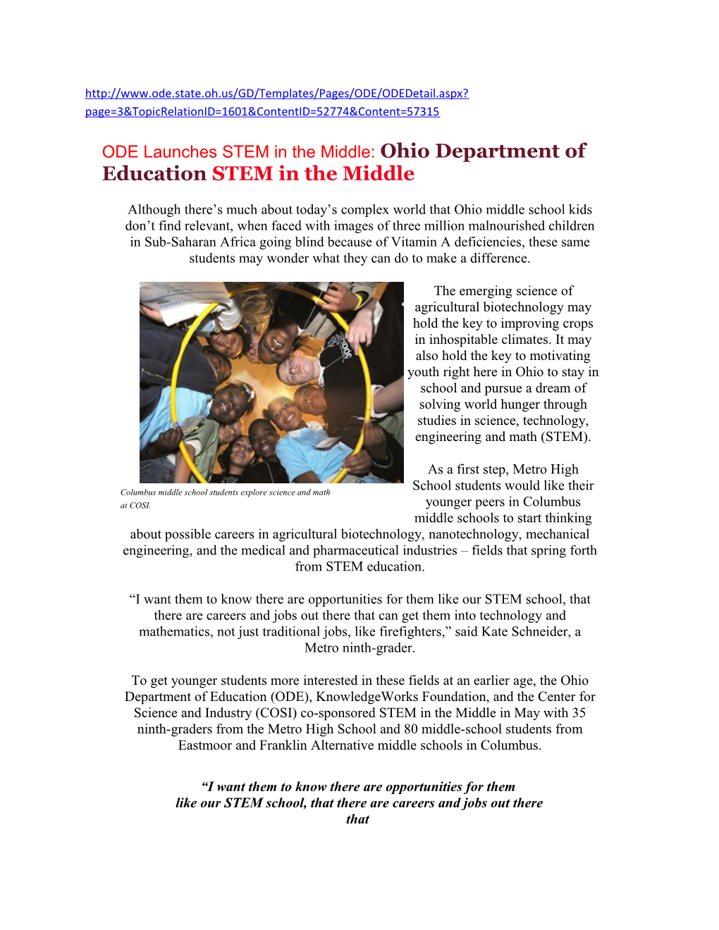 ODE Launches STEM in the Middle: Ohio Department of Education STEM in the Middle