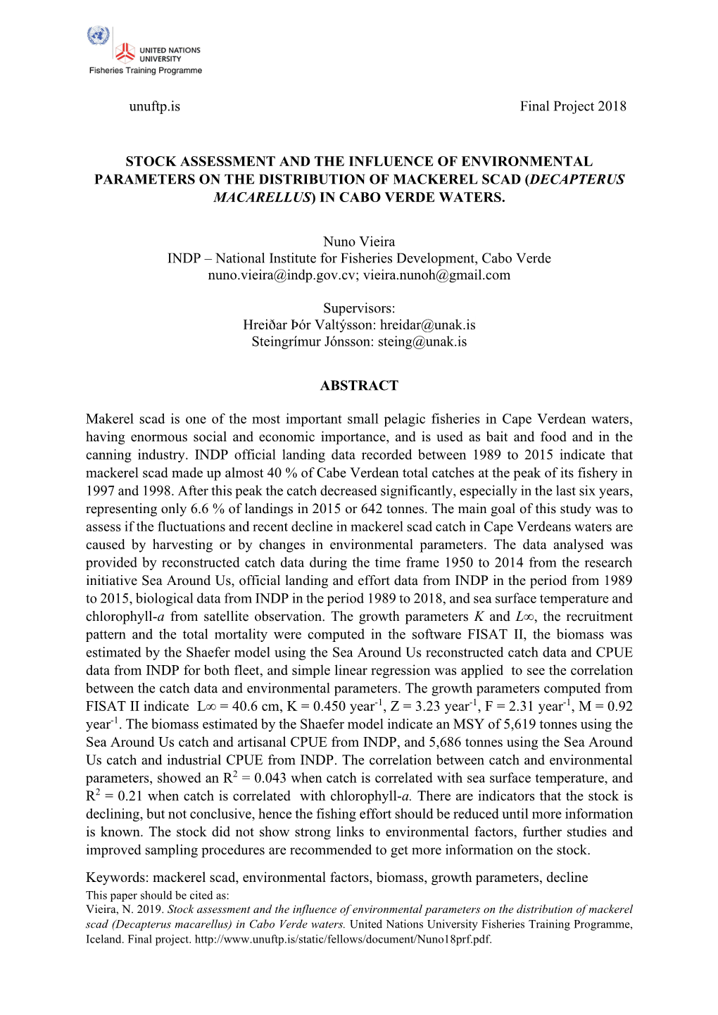 Stock Assessment and the Influence of Environmental Parameters on the Distribution of Mackerel Scad (Decapterus Macarellus) in Cabo Verde Waters