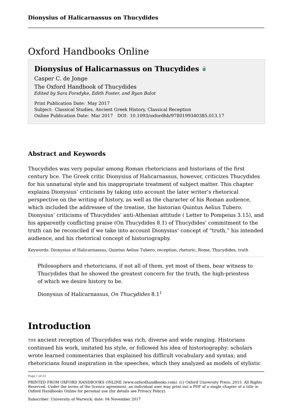 Dionysius of Halicarnassus on Thucydides