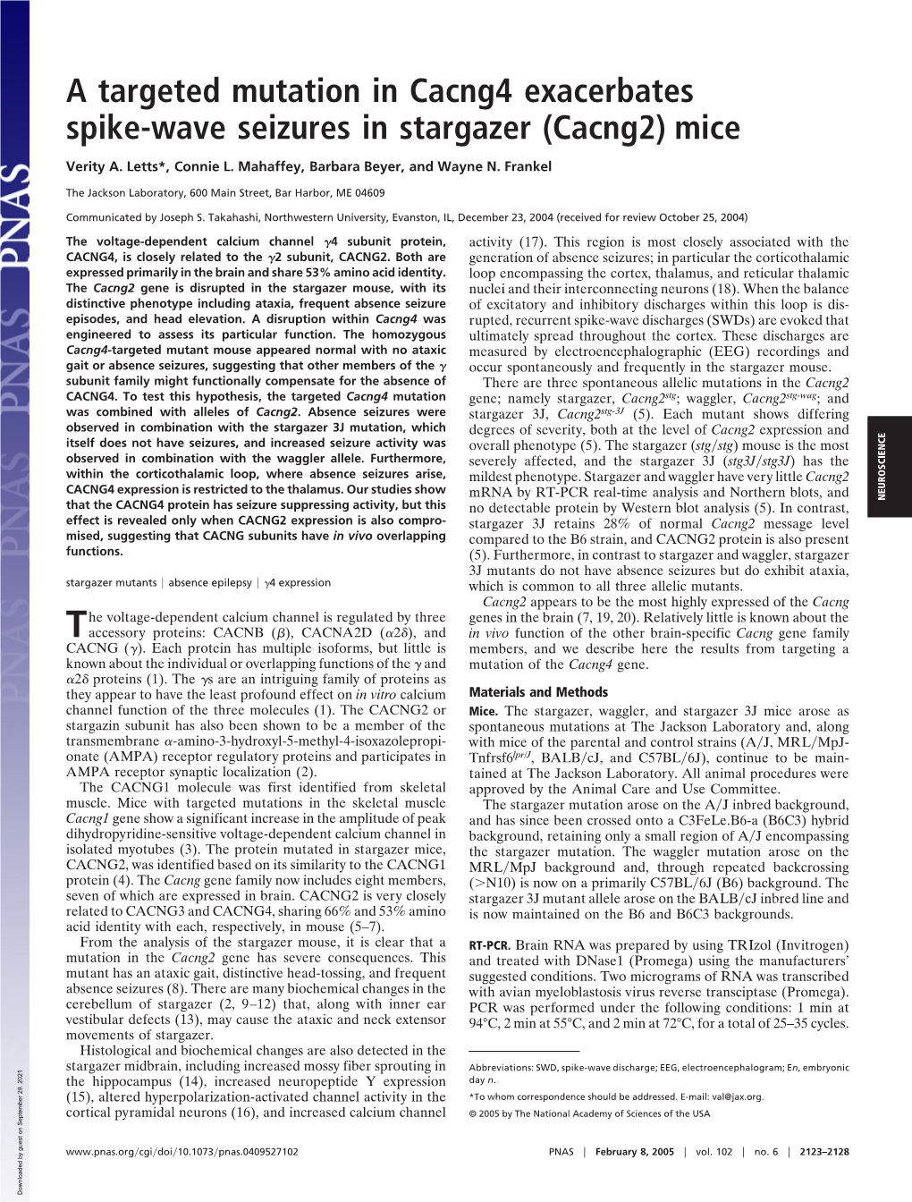 A Targeted Mutation in Cacng4 Exacerbates Spike-Wave Seizures in Stargazer (Cacng2) Mice