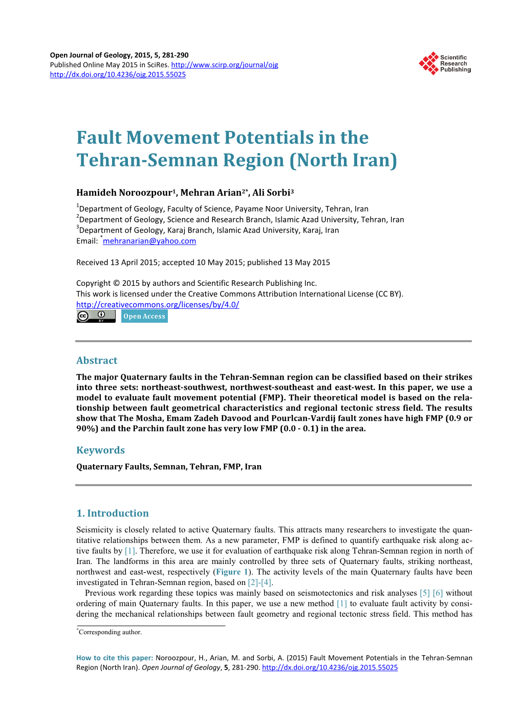 Fault Movement Potentials in the Tehran-Semnan Region (North Iran)