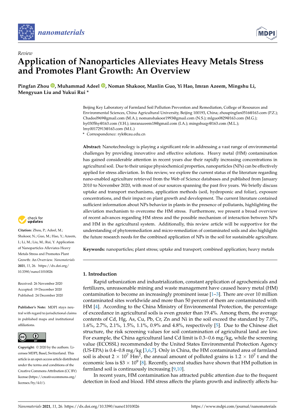 Application of Nanoparticles Alleviates Heavy Metals Stress and Promotes Plant Growth: an Overview