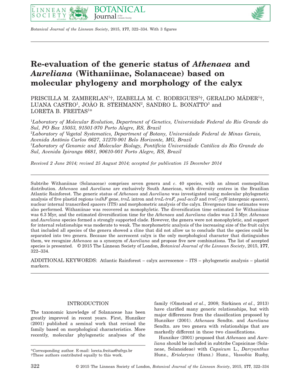 Reevaluation of the Generic Status of Athenaea and Aureliana