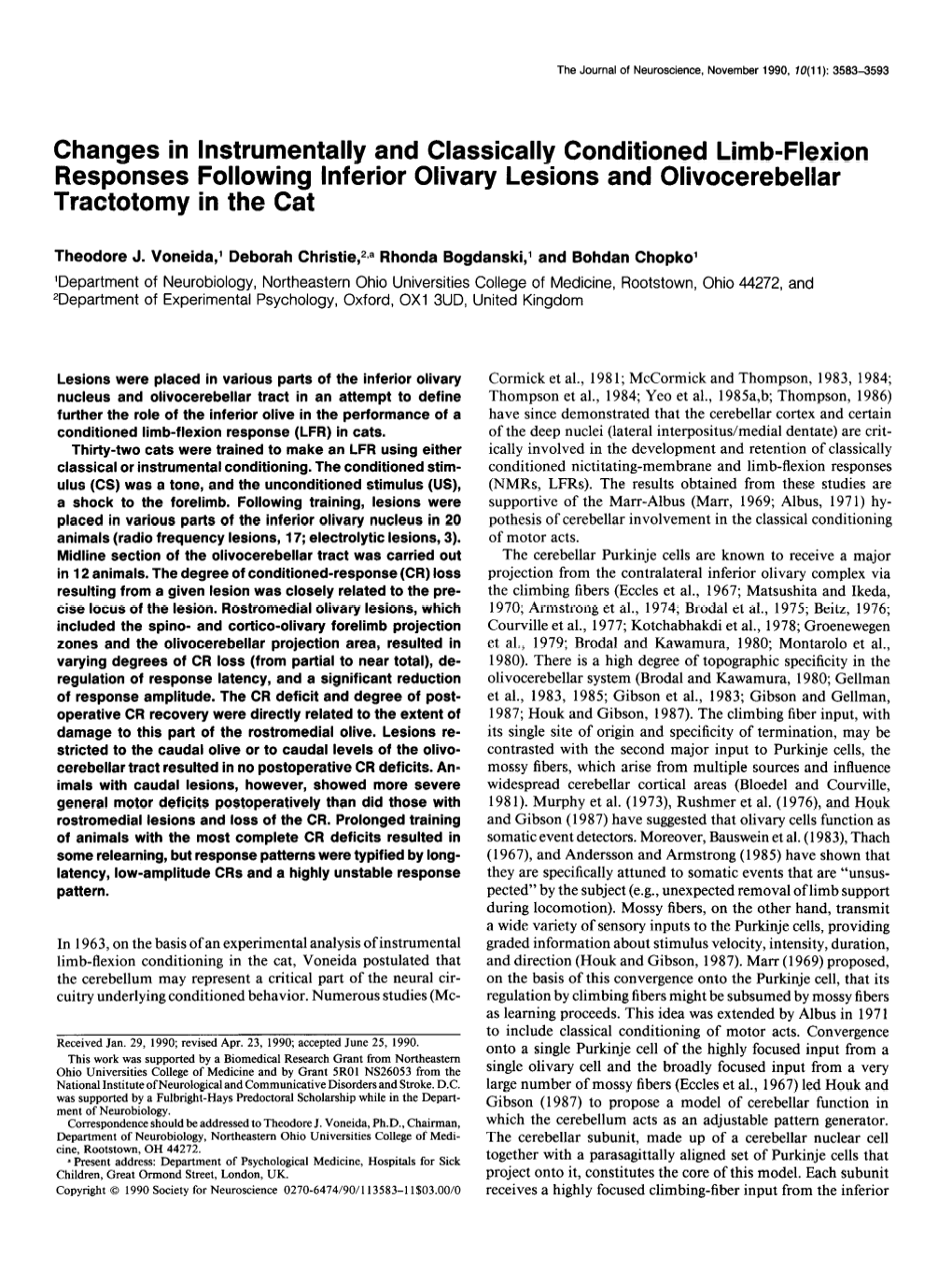 Changes in Instrumentally and Classically Conditioned Limb-Flexion Responses Following Inferior Olivary Lesions and Olivocerebellar Tractotomy in the Cat